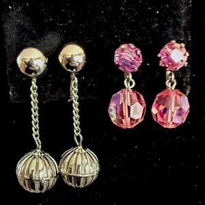 Vintage pink aurora borealis and silver tone dangle drop clip on earrings